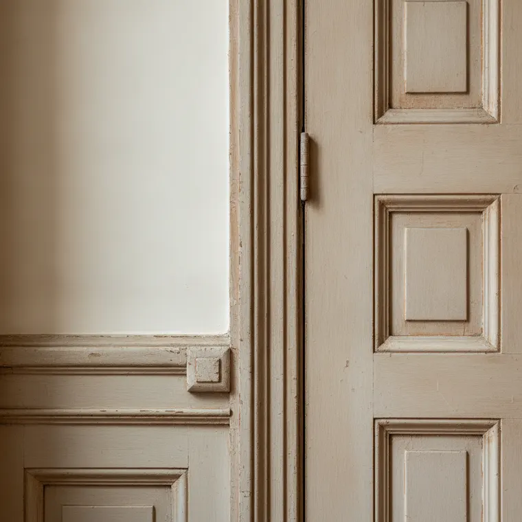 Original painted wood trim in a prewar apartment, showing the architrave profile and corner block